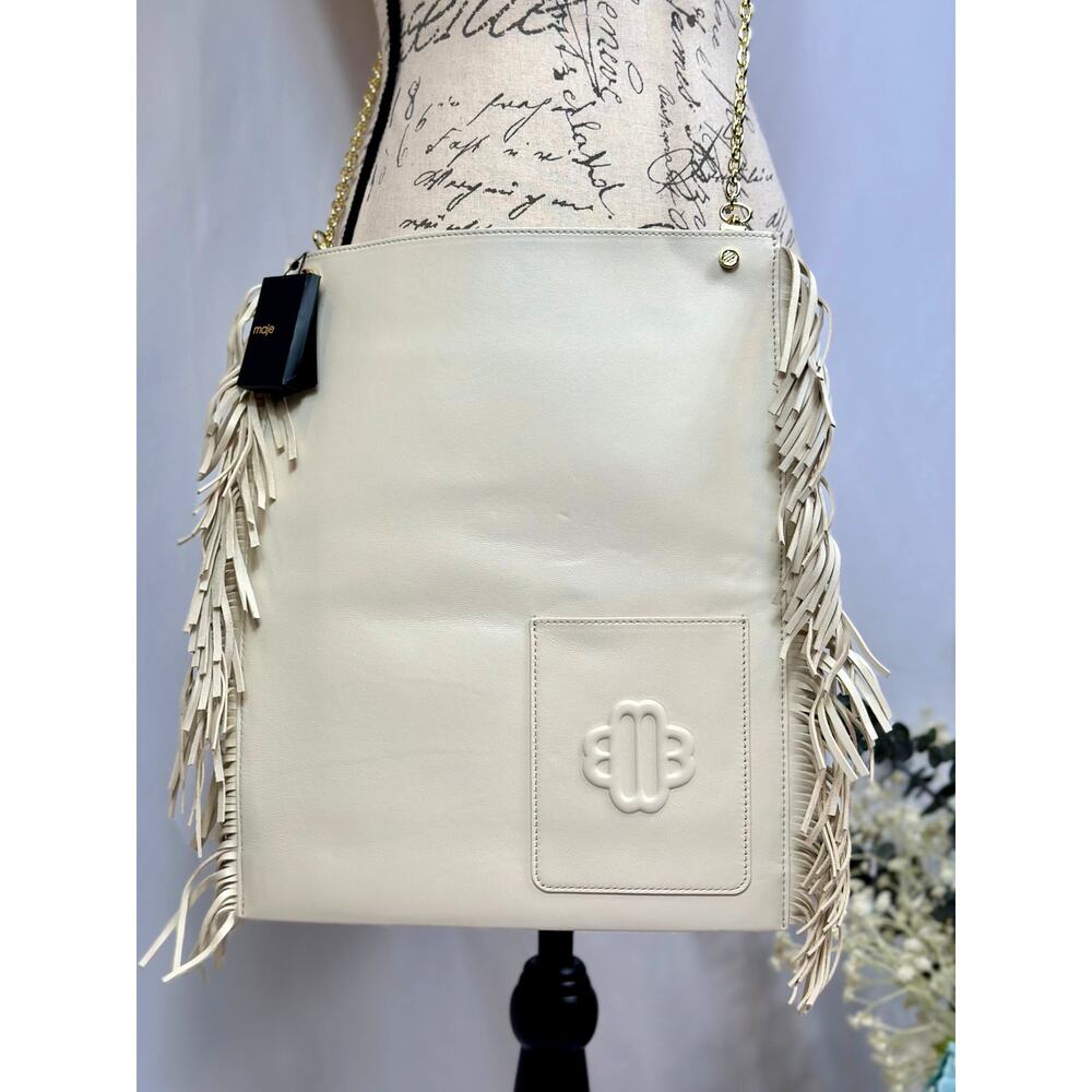 Maje Clover Fringed Sheepskin Leather Bag Vanilla Ecru 14.5" x 12" - Picture 7 of 13